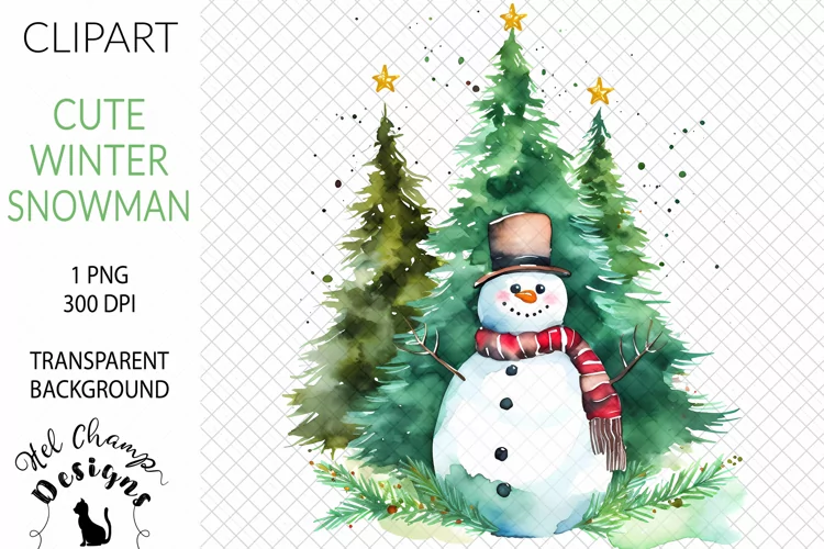 Watercolor Snowman with Tree #3 | Clipart | Sublimation