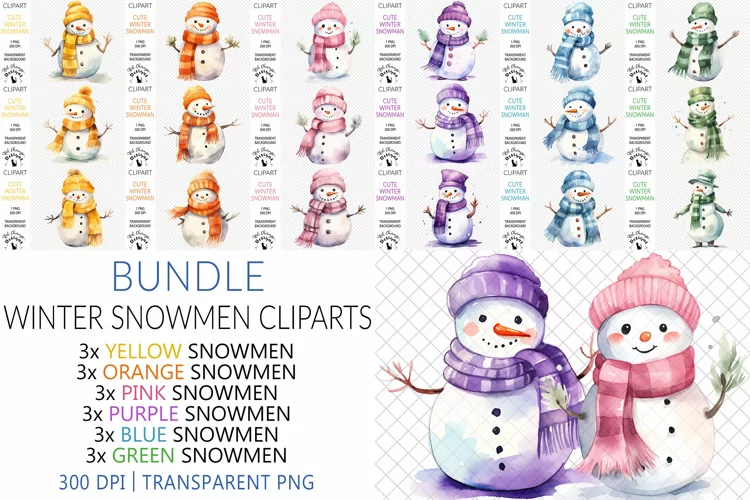 Watercolor Winter Snowmen bundles | Clipart | Sublimation