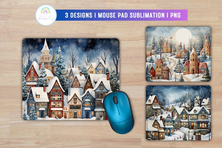 Watercolor Winter Village Mouse Pad Sublimation