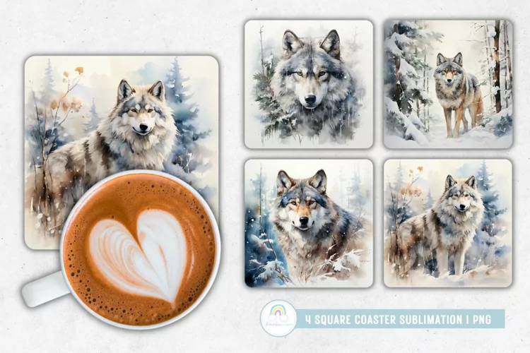 Watercolor Winter Wolf Coaster Sublimation