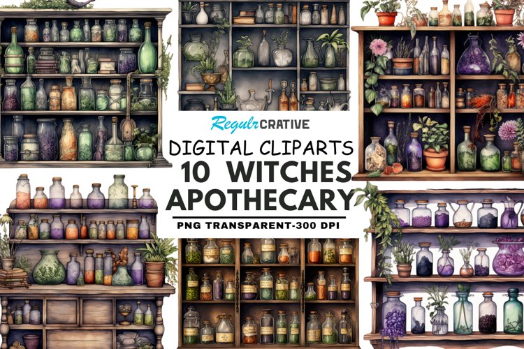 Witches Apothecary Cabinet Watercolor Sublimation Clipart