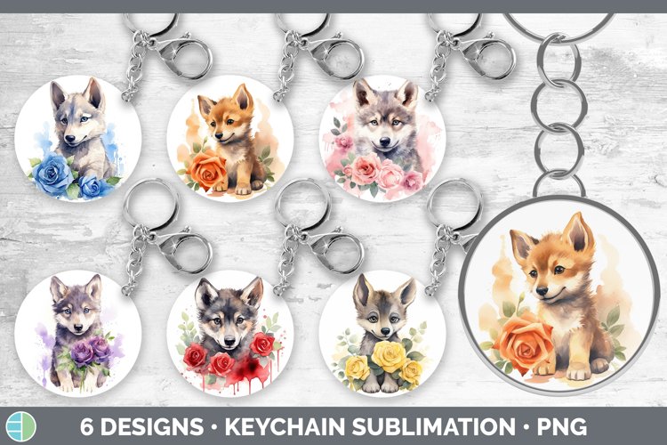 Bundle of six Watercolor Flower Wolves Keychain designs.