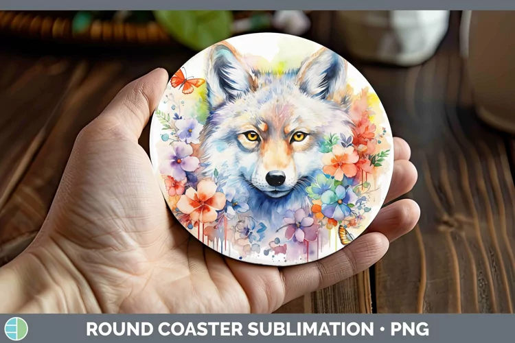 Watercolor Wolf Round Coaster | Sublimation Coaster Designs