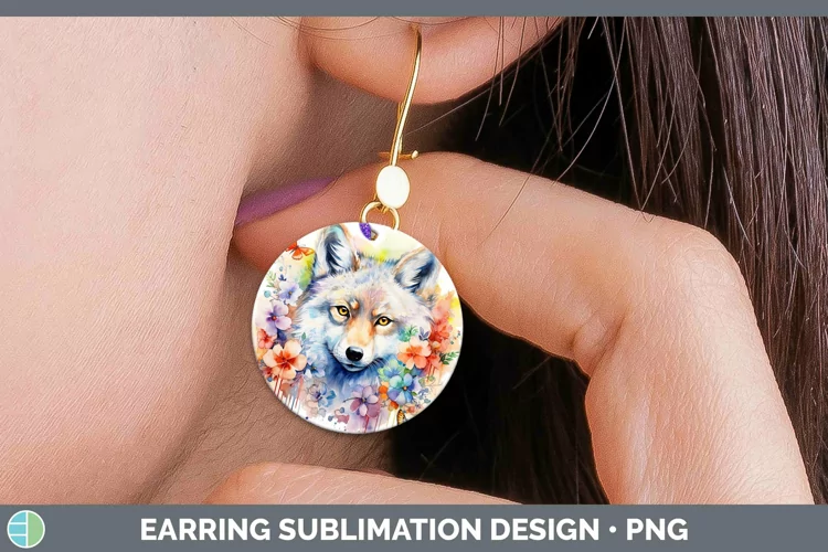 Watercolor Wolf Round Earrings | Sublimation Earrings Design