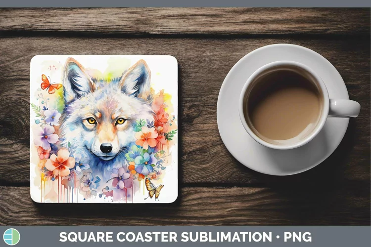 Watercolor Wolf Square Coaster | Sublimation Coaster Designs
