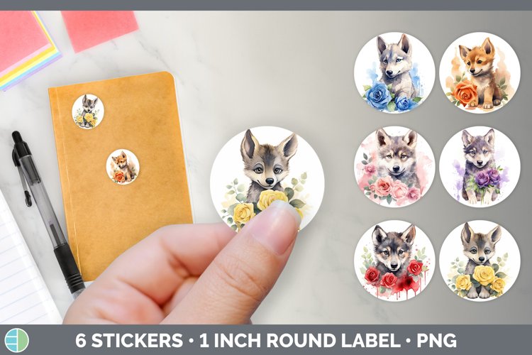 Bundle of six Watercolor Flower Wolves Stickers designs.
