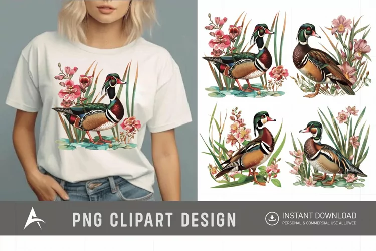 Watercolor Wood Duck in Reeds Flowers Clipart