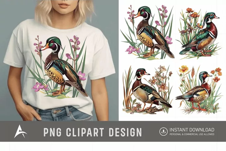 Watercolor Wood Duck in Reeds Flowers Clipart