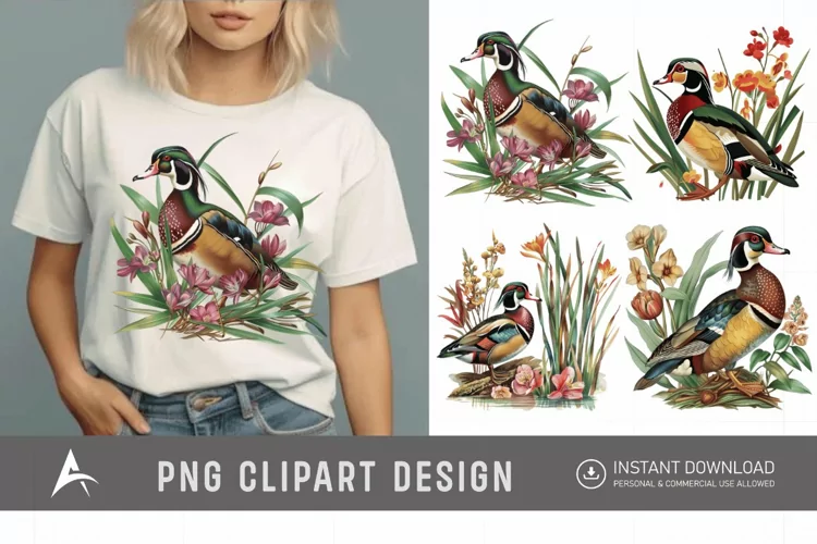 Watercolor Wood Duck in Reeds Flowers Clipart