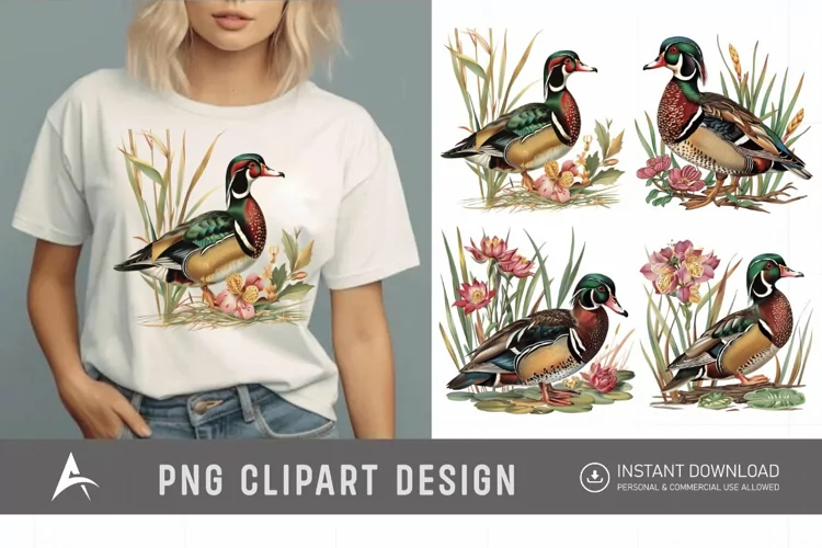 Watercolor Wood Duck in Reeds Flowers Clipart