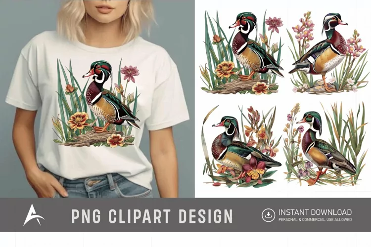 Watercolor Wood Duck in Reeds Flowers Clipart