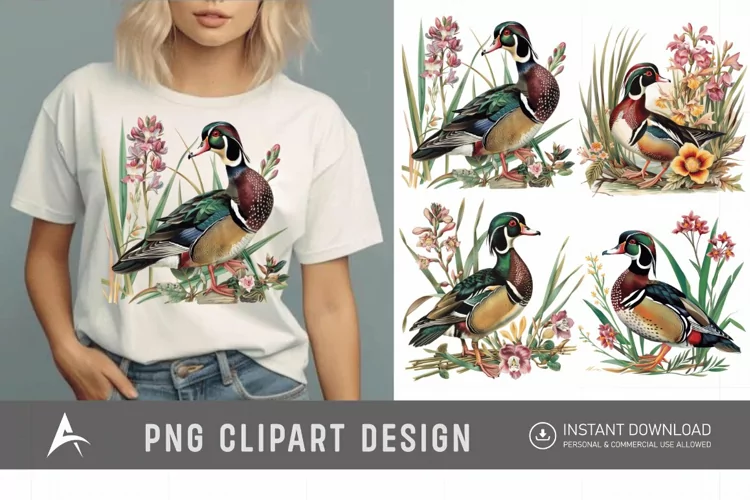 Watercolor Wood Duck in Reeds Flowers Clipart