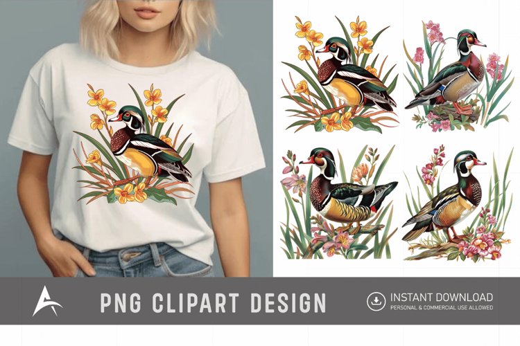 Watercolor Wood Duck in Reeds Flowers Clipart