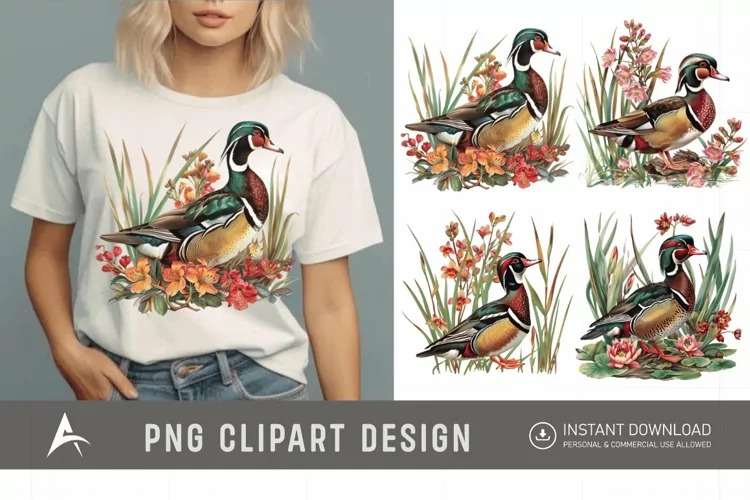 Watercolor Wood Duck in Reeds Flowers Clipart