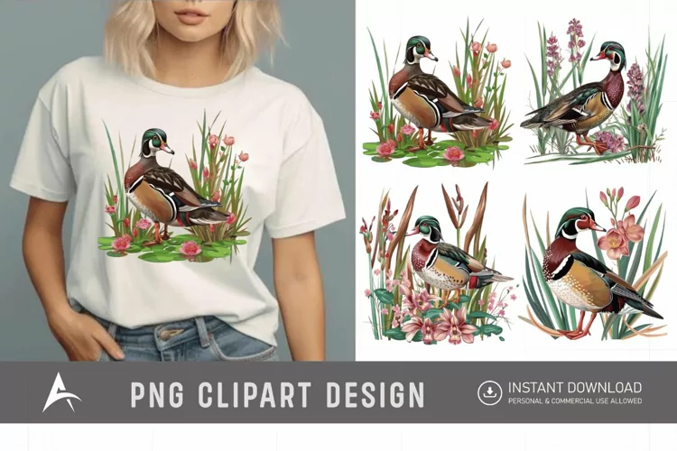 Watercolor Wood Duck in Reeds Flowers Clipart
