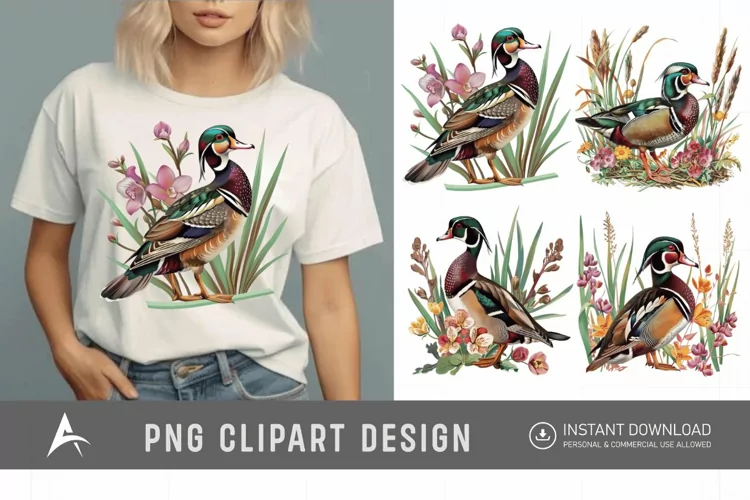 Watercolor Wood Duck in Reeds Flowers Clipart