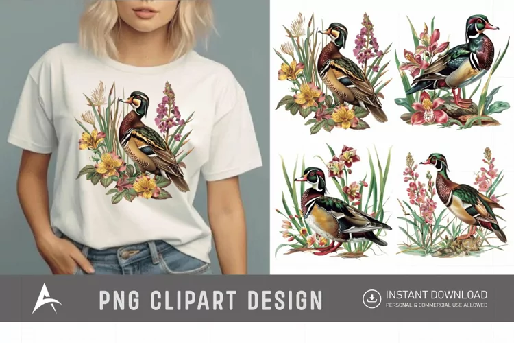 Watercolor Wood Duck in Reeds Flowers Clipart