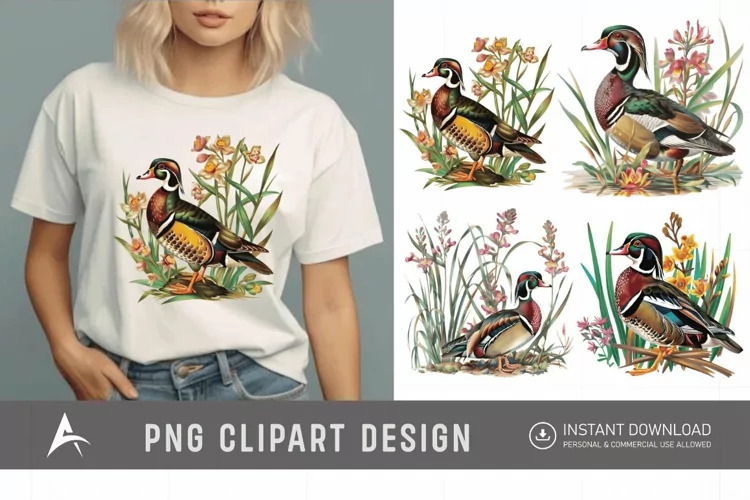 Watercolor Wood Duck in Reeds Flowers Clipart