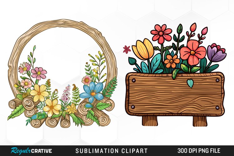 Watercolor Wooden Spring Plaques PNG Set Clipart