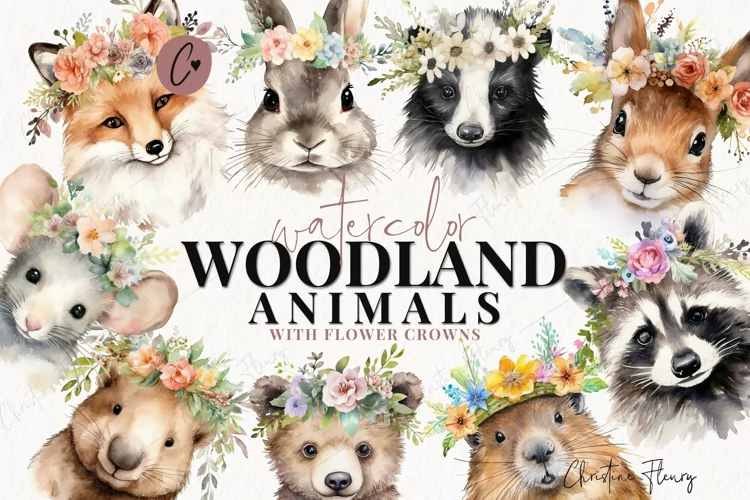 Watercolor Woodland Animals with Flower Crowns