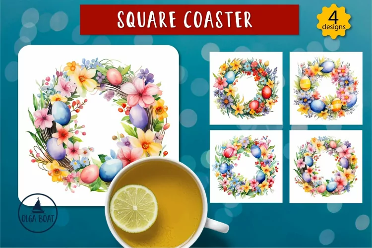 Watercolor easter wreath coasters | Easter sublimation desig
