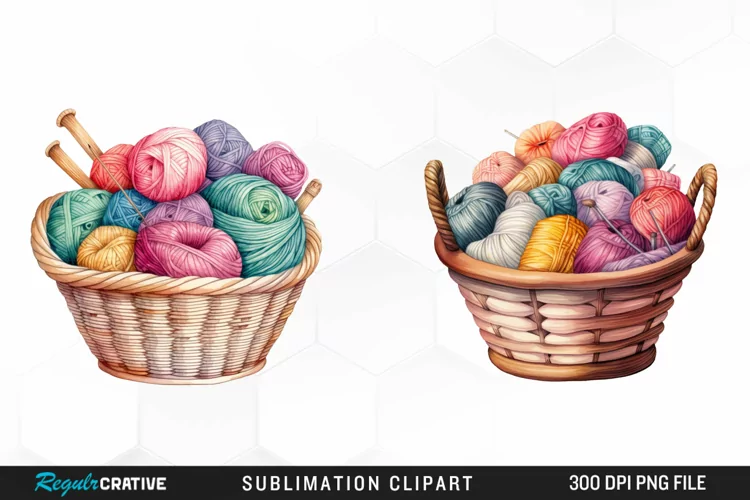 Watercolor Yarn In Basket Clipart