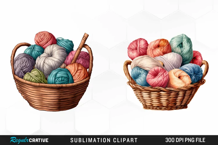 Watercolor Yarn In Basket Clipart