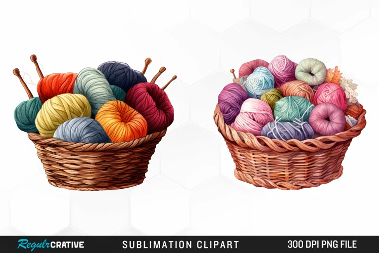 Watercolor Yarn In Basket Clipart