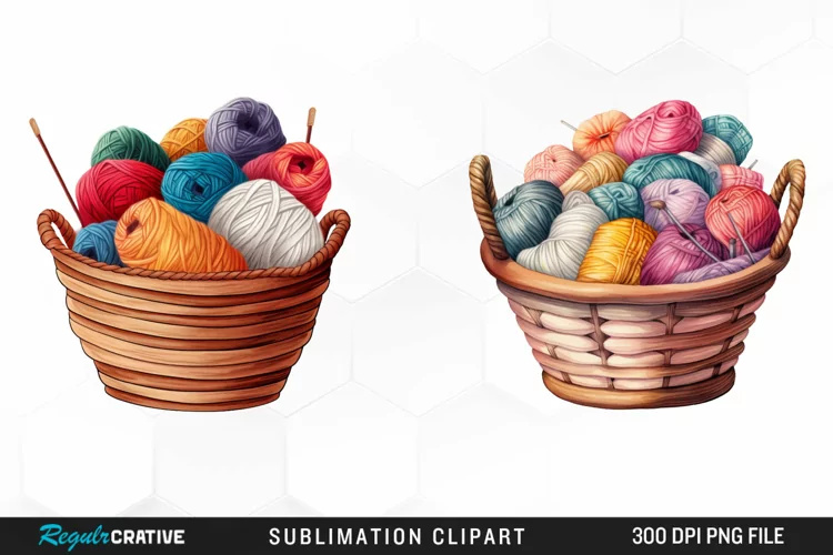 Watercolor Yarn In Basket Clipart