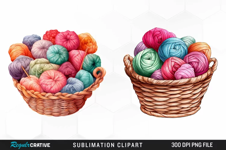 Watercolor Yarn In Basket Clipart