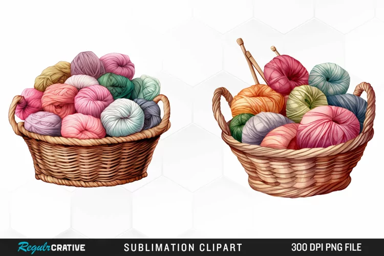 Watercolor Yarn In Basket Clipart