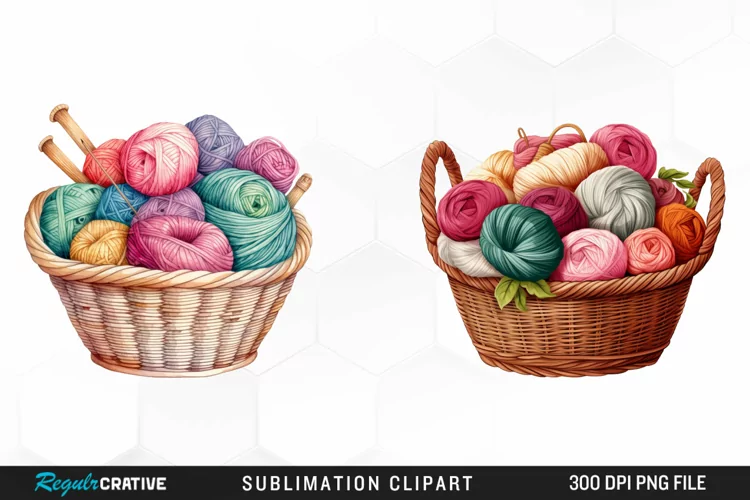 Watercolor Yarn In Basket Clipart