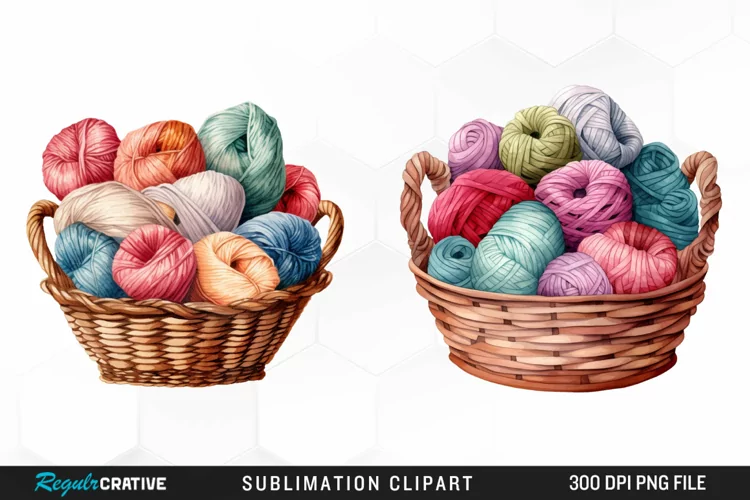 Watercolor Yarn In Basket Clipart