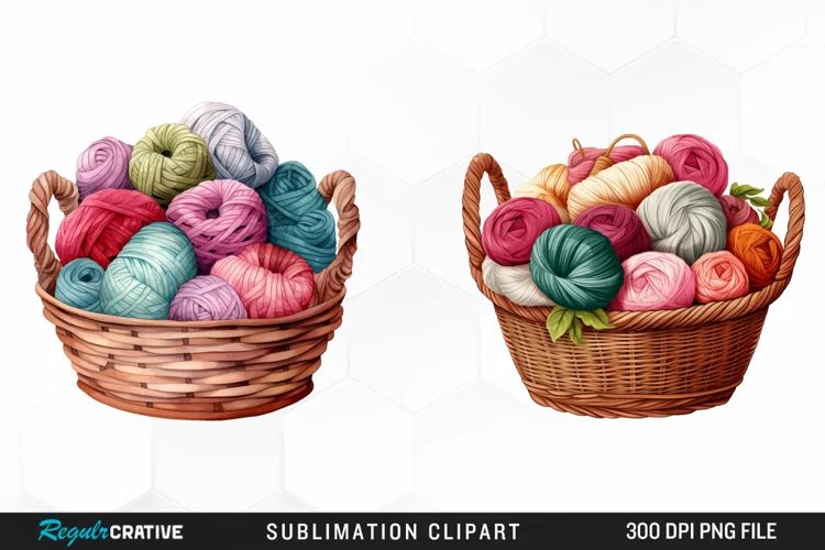Watercolor Yarn In Basket Clipart
