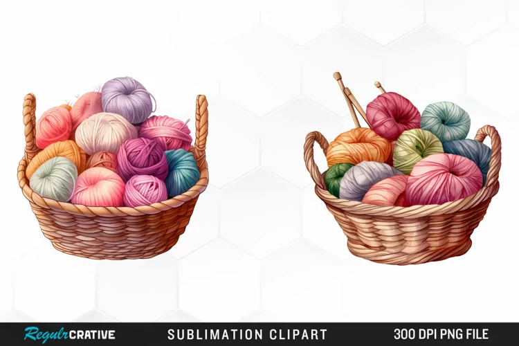 Watercolor Yarn In Basket Clipart