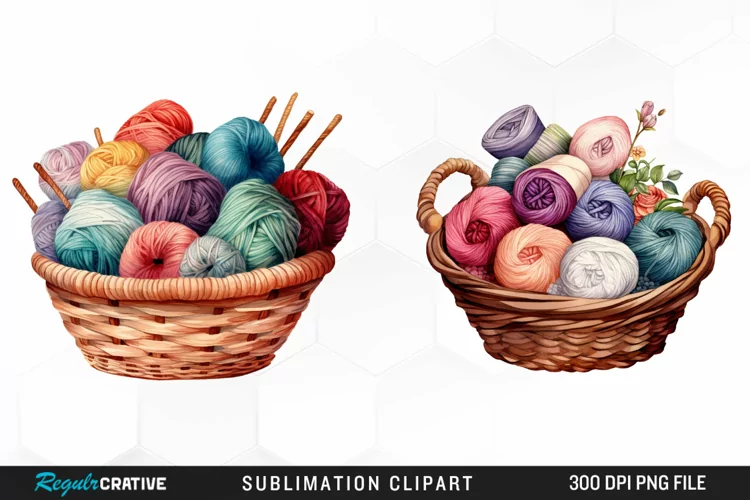 Watercolor Yarn In Basket Clipart