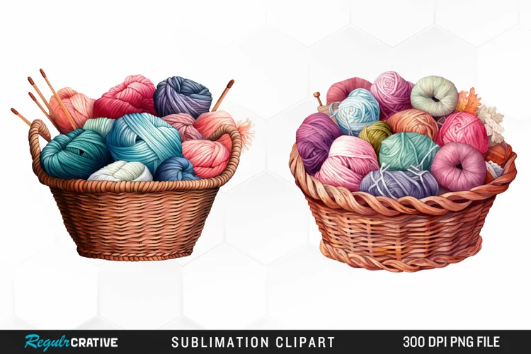 Watercolor Yarn In Basket Clipart