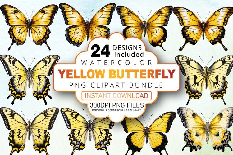 Watercolor Yellow Butterfly Floral Clipart Bundle example image 1