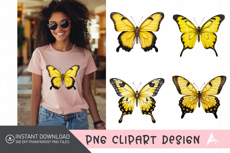 Watercolor Yellow Butterfly Floral Clipart example image 1