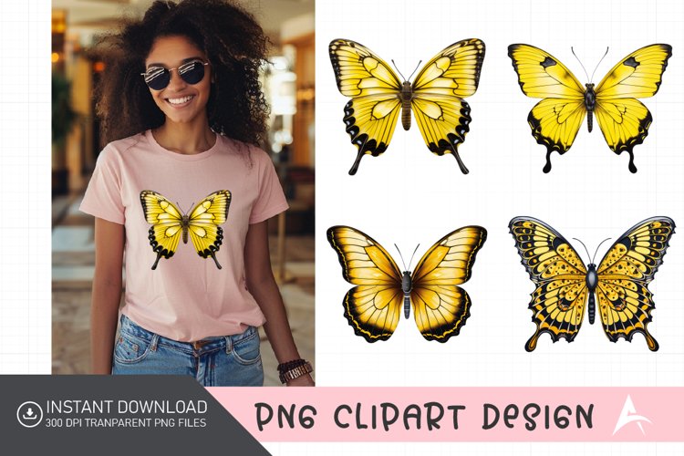 Watercolor Yellow Butterfly Floral Clipart example image 1