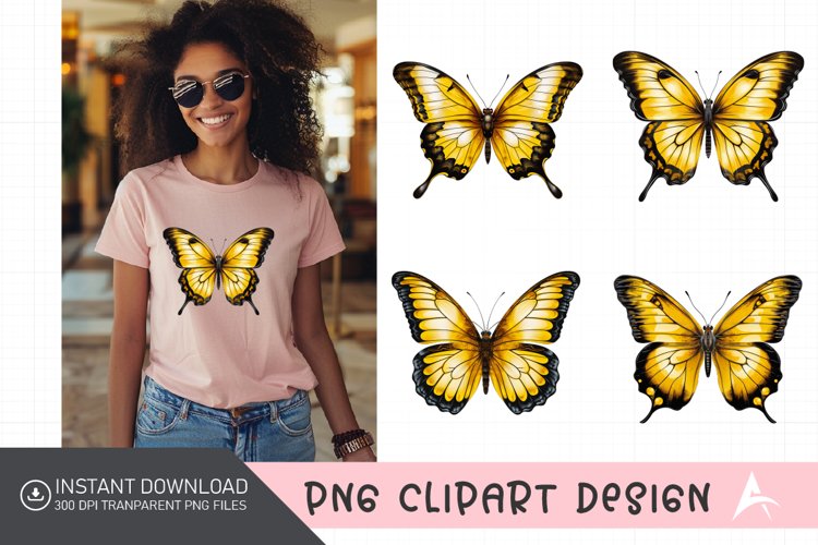 Watercolor Yellow Butterfly Floral Clipart example image 1