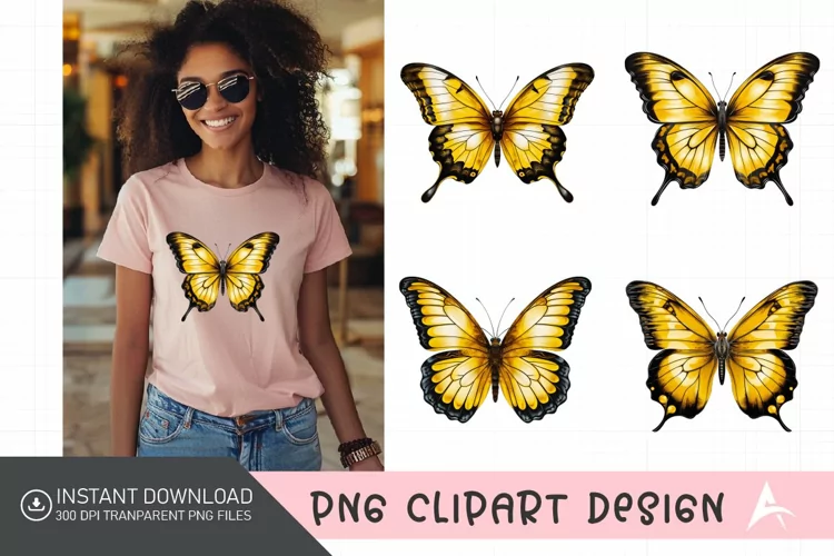 Watercolor Yellow Butterfly Floral Clipart