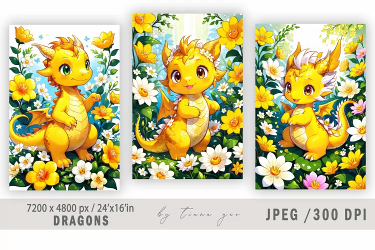 Cute yellow dragon anime illustrations for prints- 3Jpeg