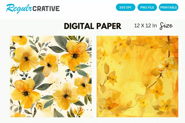 Watercolor Yellow Floral Digital Paper, Floral Background