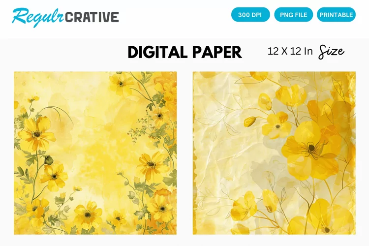 Watercolor Yellow Floral Digital Paper, Floral Background