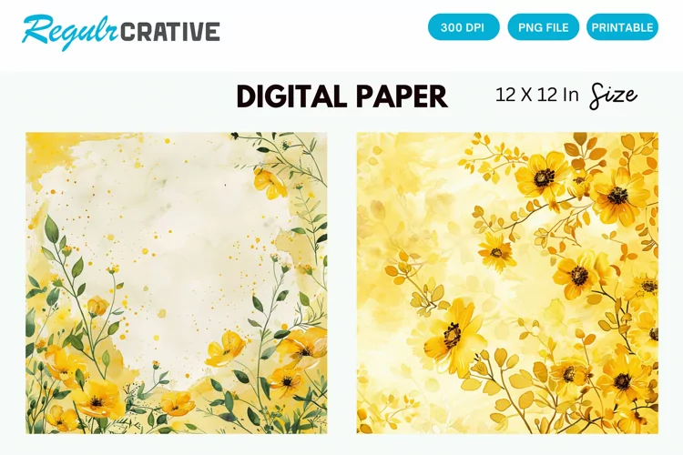 Watercolor Yellow Floral Digital Paper, Floral Background
