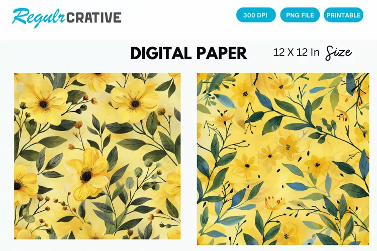 Watercolor Yellow Floral Digital Paper, Floral Background