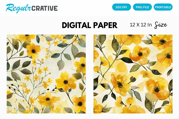 Watercolor Yellow Floral Digital Paper, Floral Background