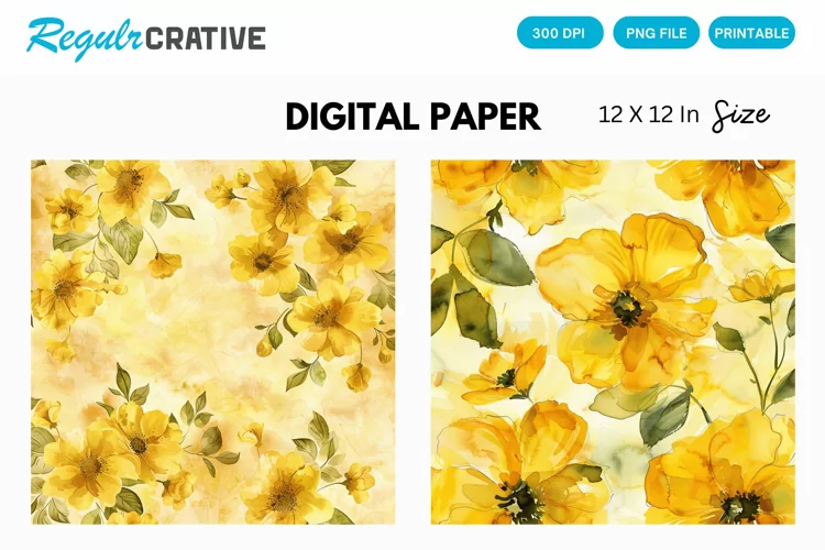 Watercolor Yellow Floral Digital Paper, Floral Background