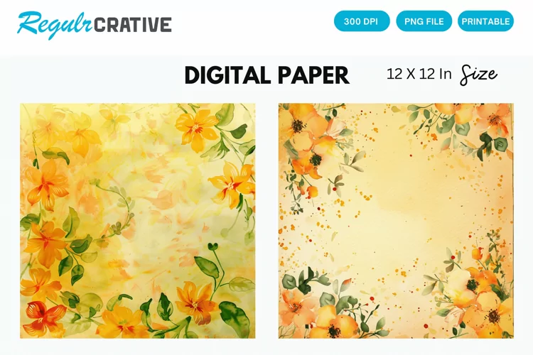 Watercolor Yellow Floral Digital Paper, Floral Background